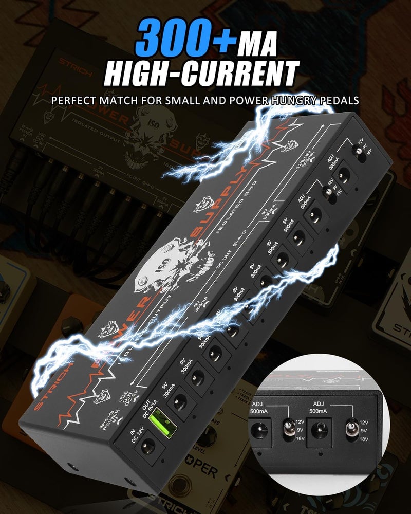 STRICH SPS-60 Guitar Pedal Power Supply, 10 Totally Independent DC Outputs Pedal Board Power Supply for 9V/12V/18V (300mA/500mA) High Power for Power High-current Effect Pedal - Image 3